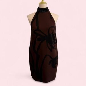Y2K Rachel Roy Brown Abstract Print High Neck Dress Size 4